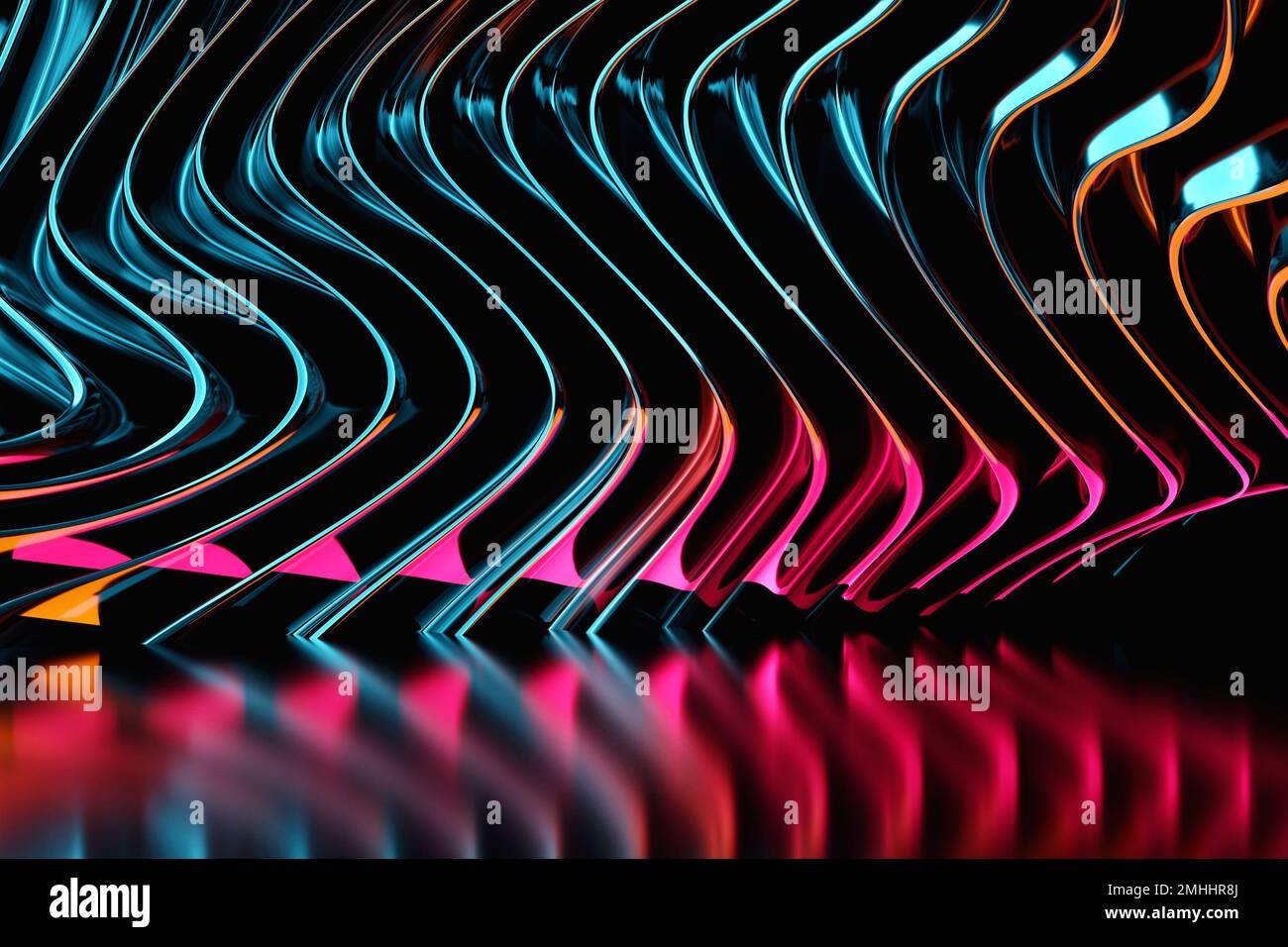 3d illustration empty room with black walls under pink and blue light ...