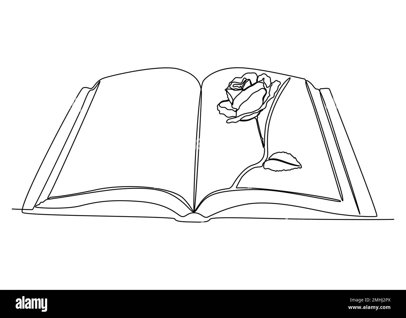 One continuous line of opened Book with Rose. Thin Line Illustration vector concept. Contour Drawing Creative ideas. Stock Vector
