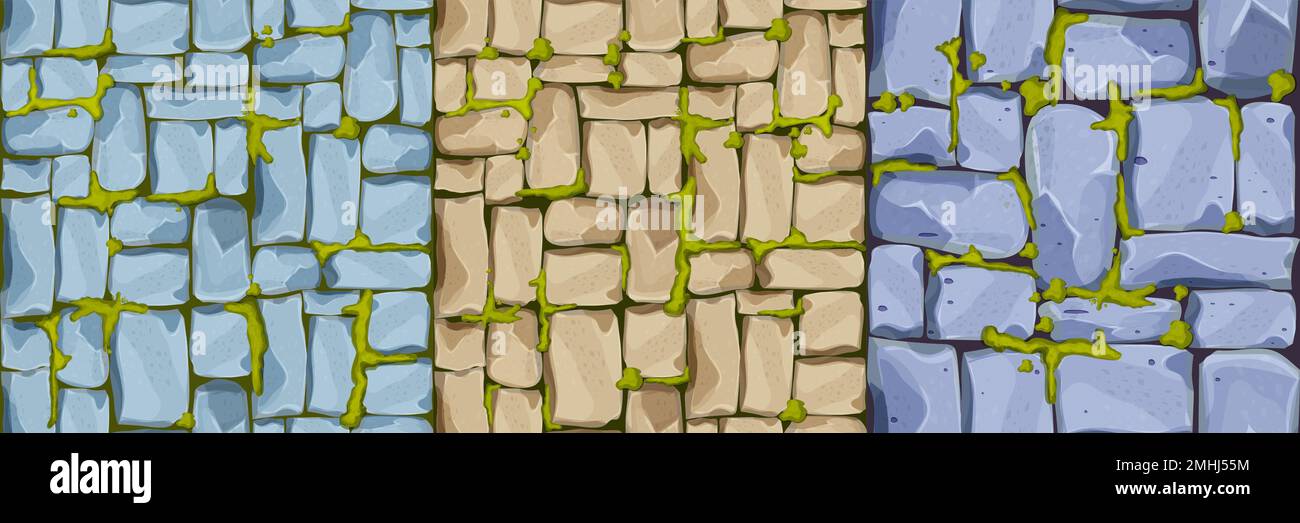 Set Stone wall, pavement from bricks, rocks with moss , game background in cartoon style, seamless textured surface. Ui game asset, road or floor material. Vector illustration Stock Vector