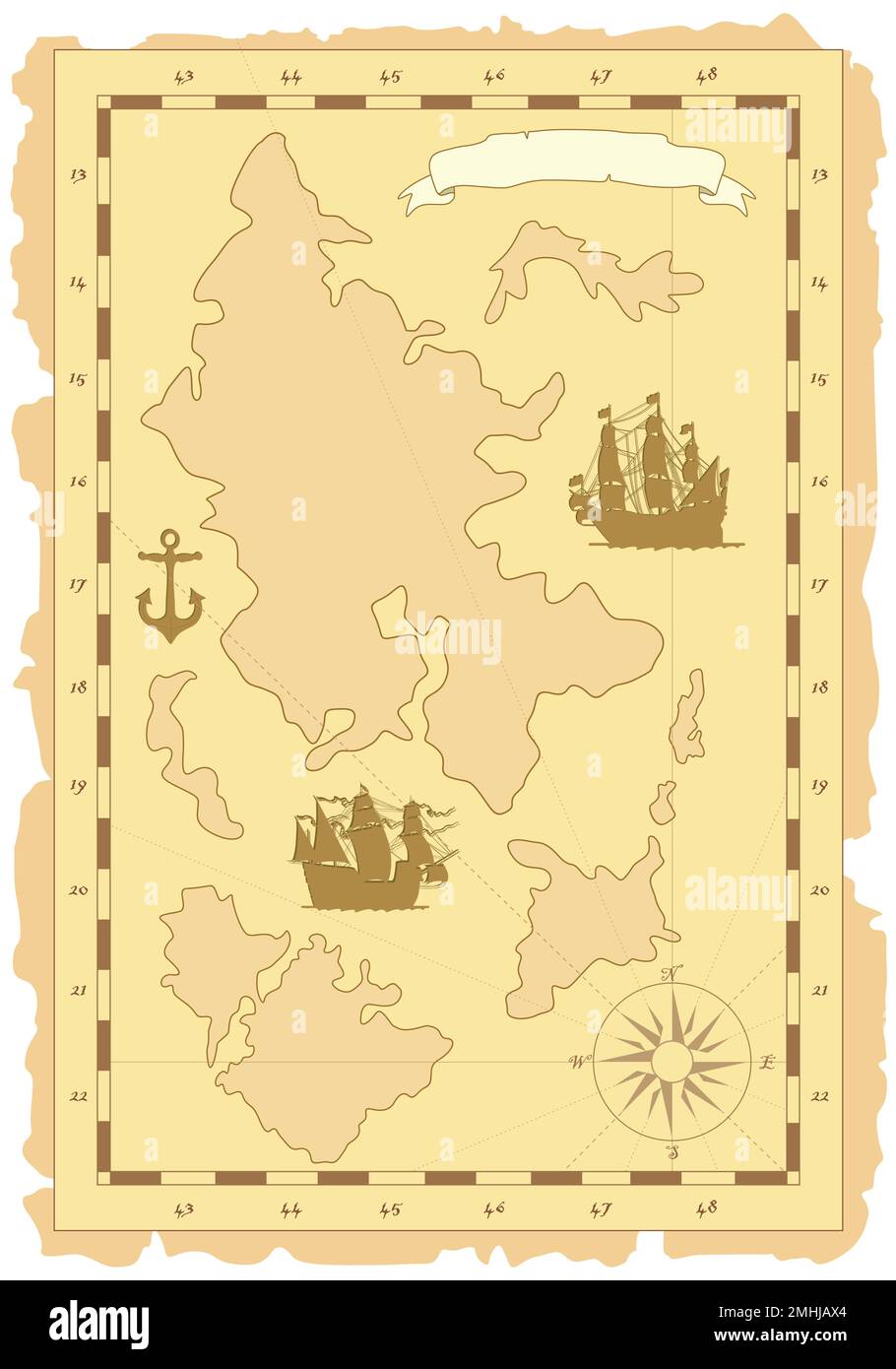 A vector image of an undefined vintage nautical map page with islands and ships.Suitable for children's board games and themed rooms, daily recordings Stock Vector