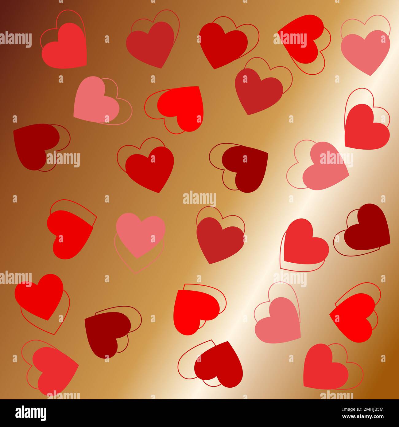 Romantic composition with double contoured hearts on bronze gradient background Stock Vector