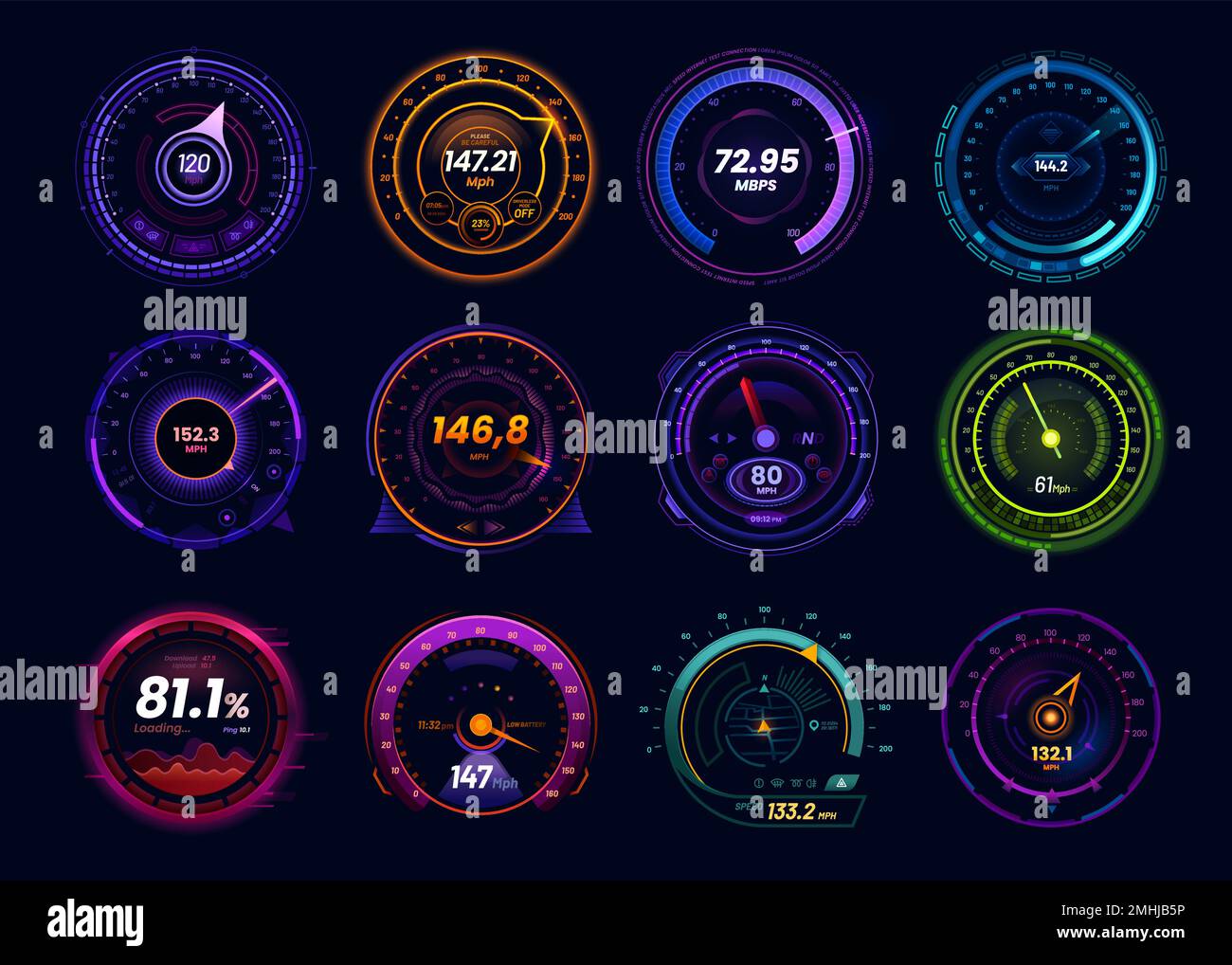 Futuristic car speedometer gauge and speed test meters, vector
