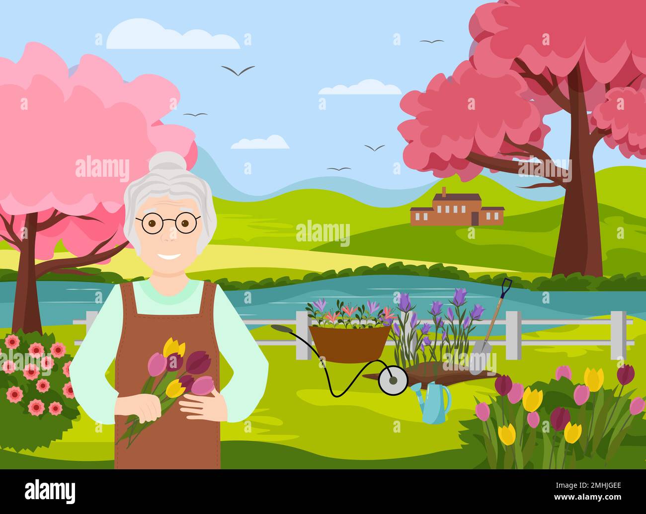 An old woman in a spring garden. Rural landscape with flowers, trees and a river. Vector illustration of nature. For flyers, shops, brochures and cove Stock Vector
