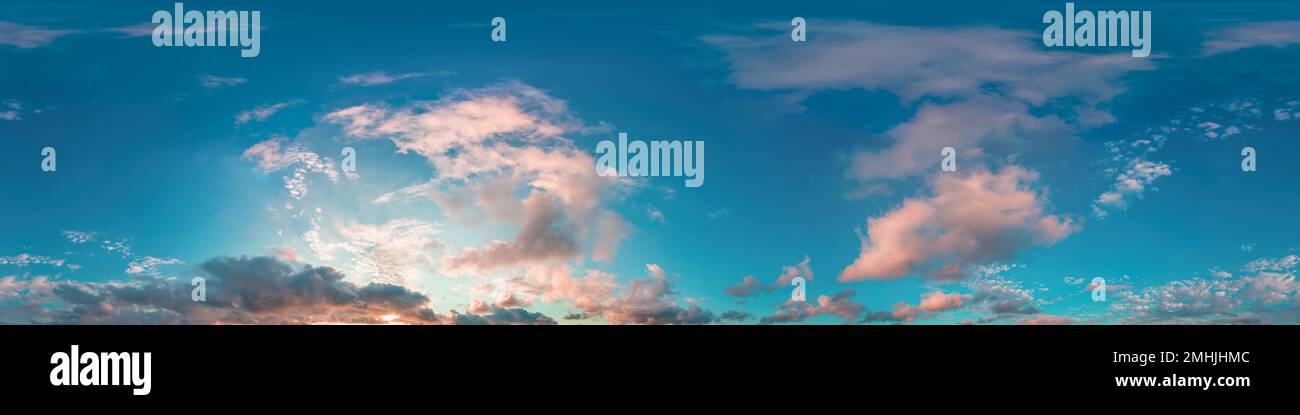 Dark blue sunset sky panorama with pink Cumulus clouds. Seamless hdr 360 panorama in spherical equirectangular format. Full zenith for 3D Stock Photo