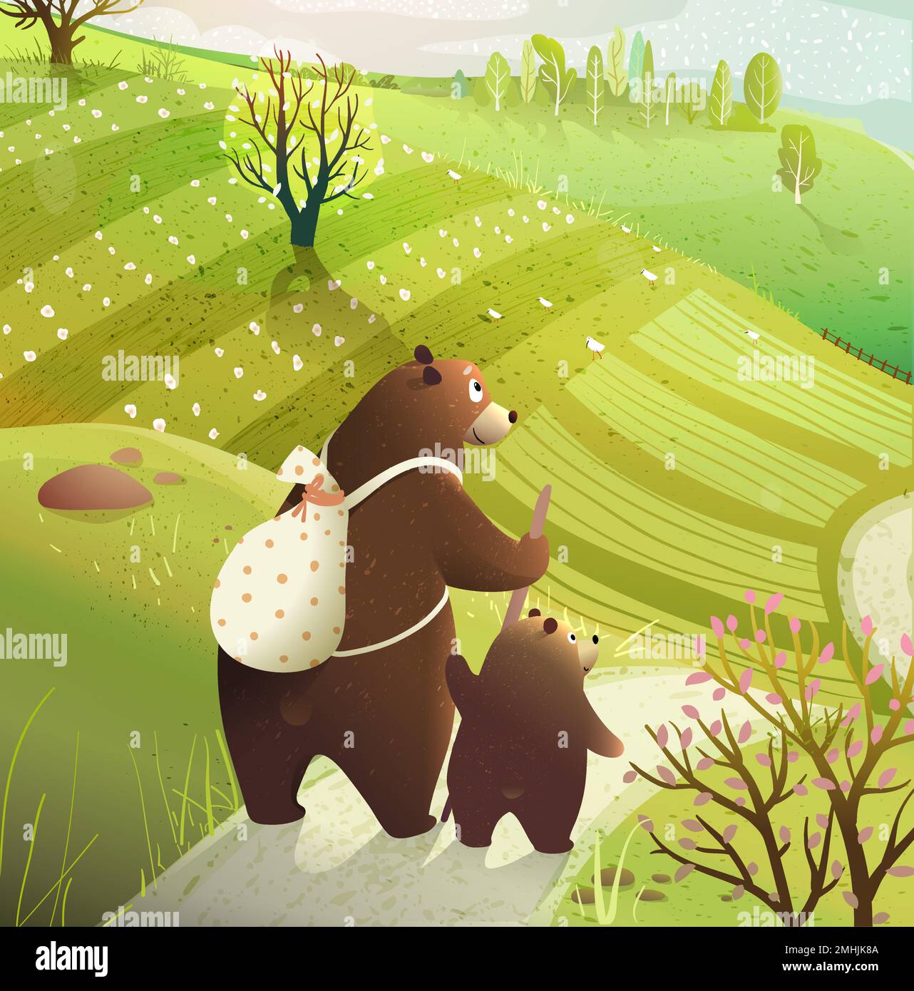 Bears Travelling in Rustic Wild Scenery Landscape Stock Vector