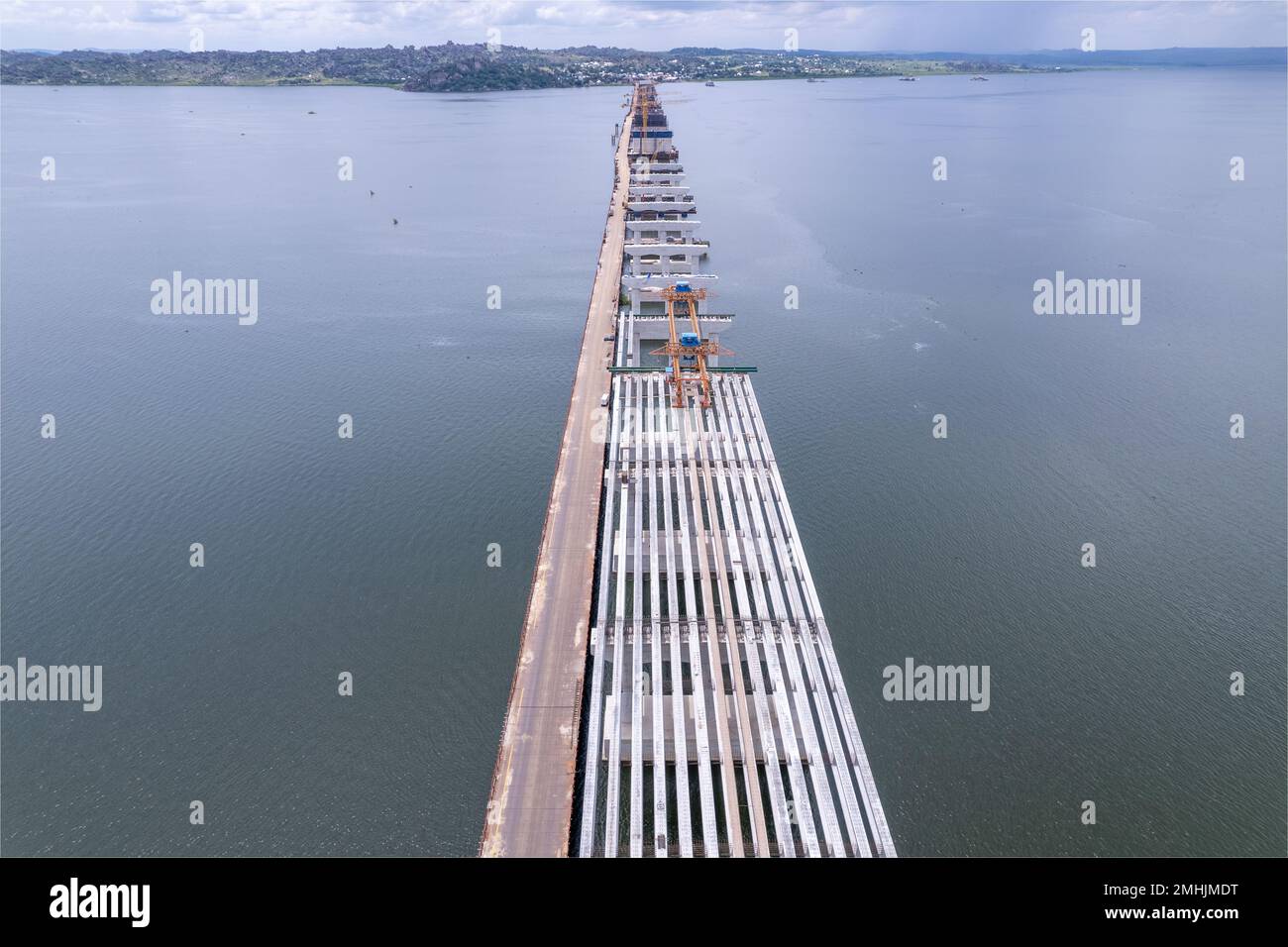 Magufuli bridge building progress. Kigongo–Busisi, Mwanza Gulf crossing. Geita region, Lake Victoria, Tanzania, Africa Stock Photo