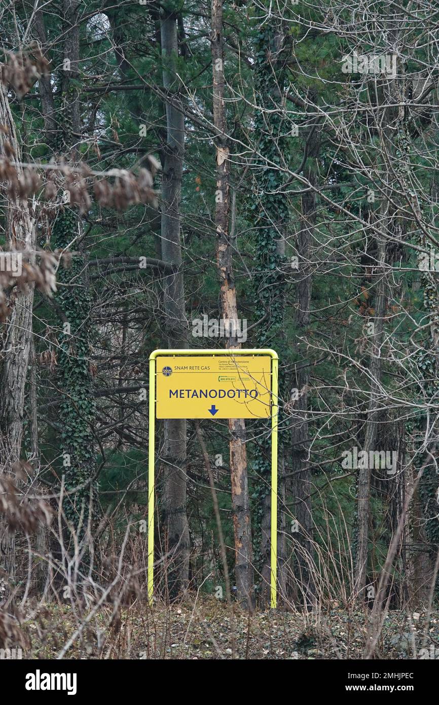 Signage indicating the presence of a methane pipeline distribution line. Condove, Italy - January 2023 Stock Photo