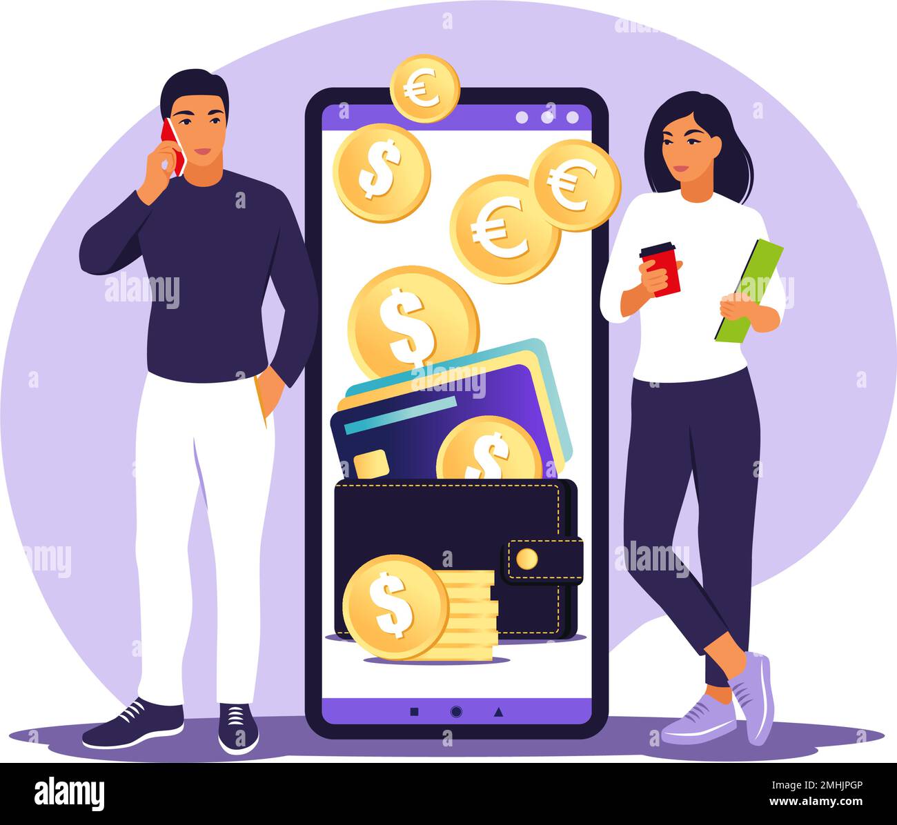 Digital wallet concept. Young people pays card using mobile payment. Vector illustration. Flat. Stock Vector