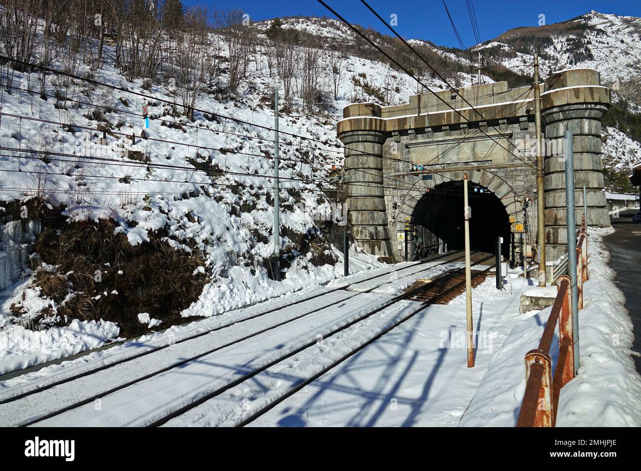 Italian side of the Railway Tunnel on the border between France to Italy. Bardonecchia, Italy - January 2023 Stock Photo