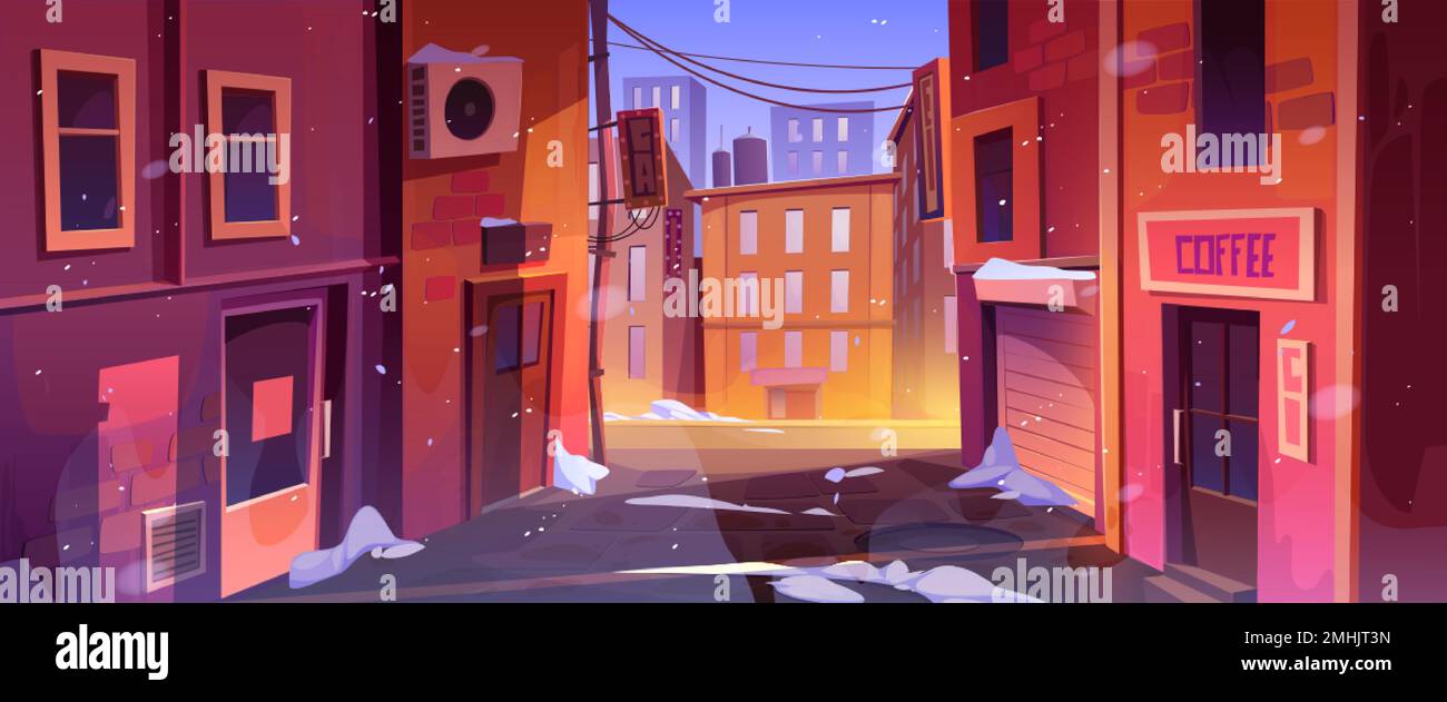 Quiet winter city street corner urban cityscape background with snow, buildings. cafe door, windows, old walls and view on central illuminated road an Stock Vector