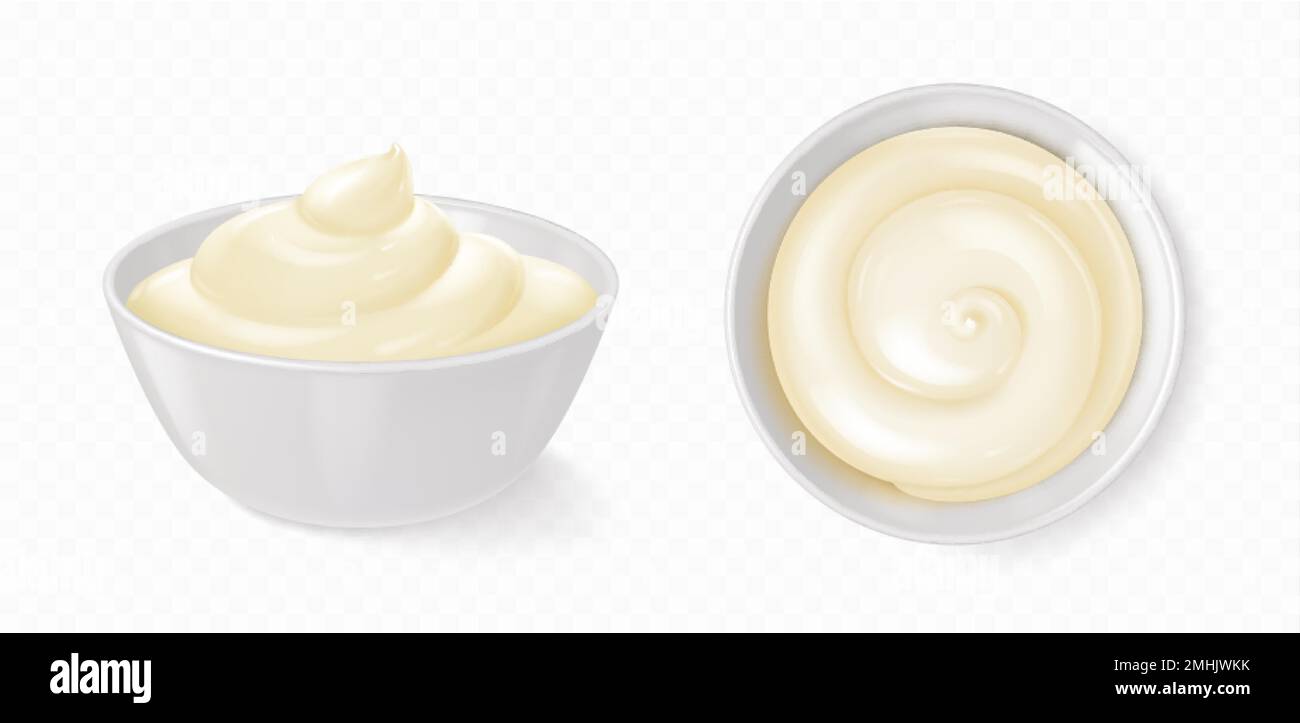 White bowl with mayonnaise, cheese sauce, yogurt or cream. Small round