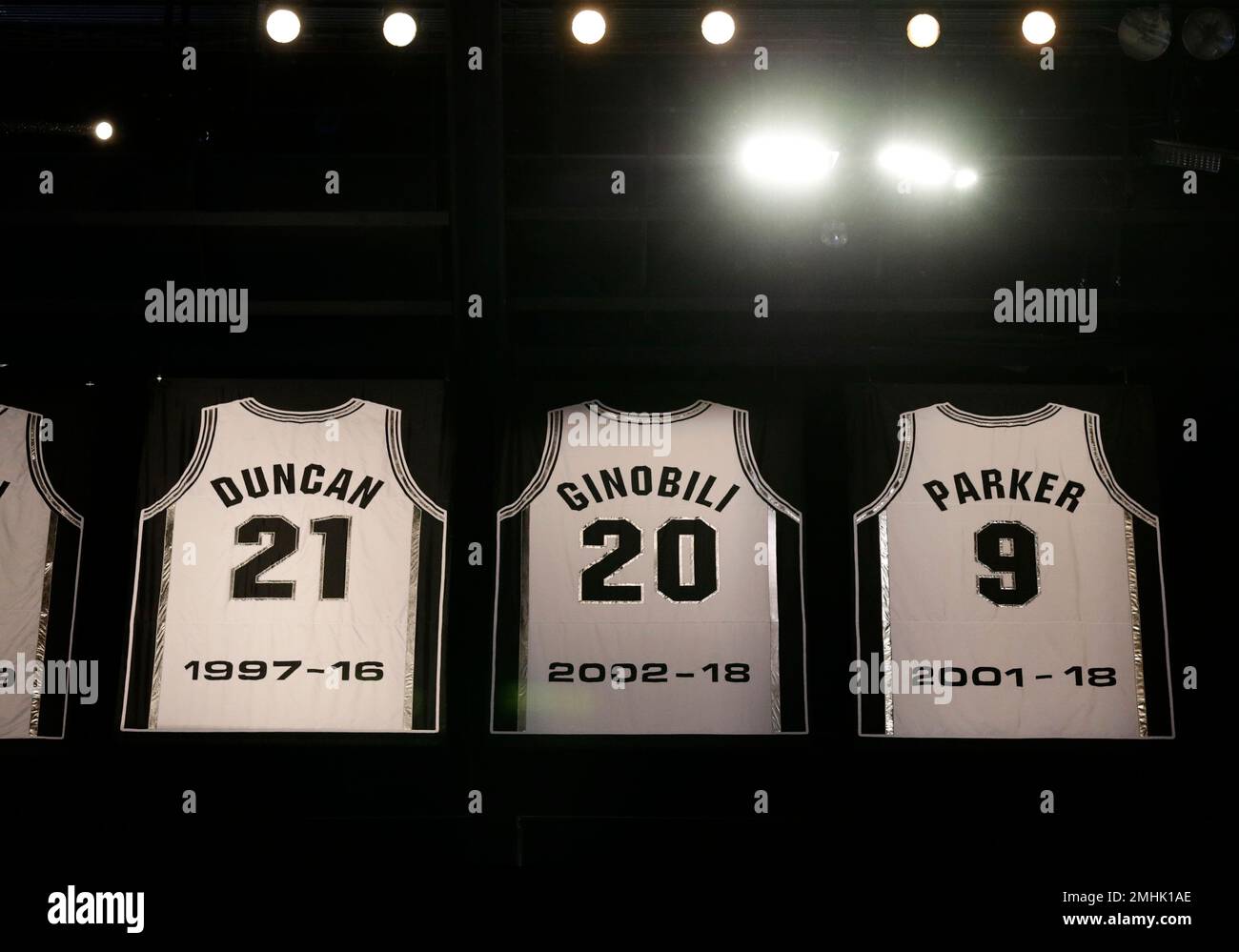 The jersey of former San Antonio Spurs guard Tony Parker is unveiled