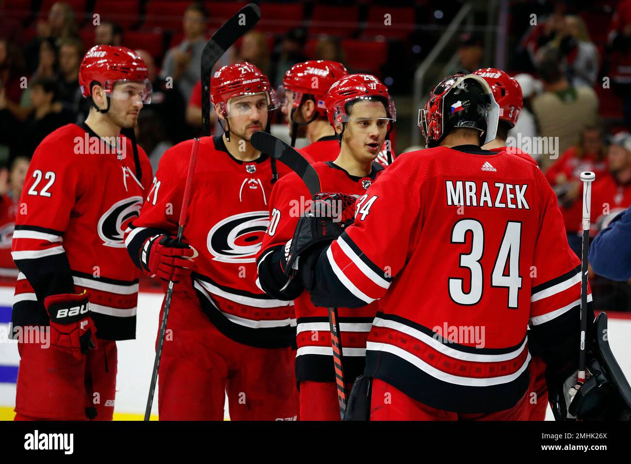 Carolina Hurricanes goaltender Petr Mrazek (34) is congratulated on his