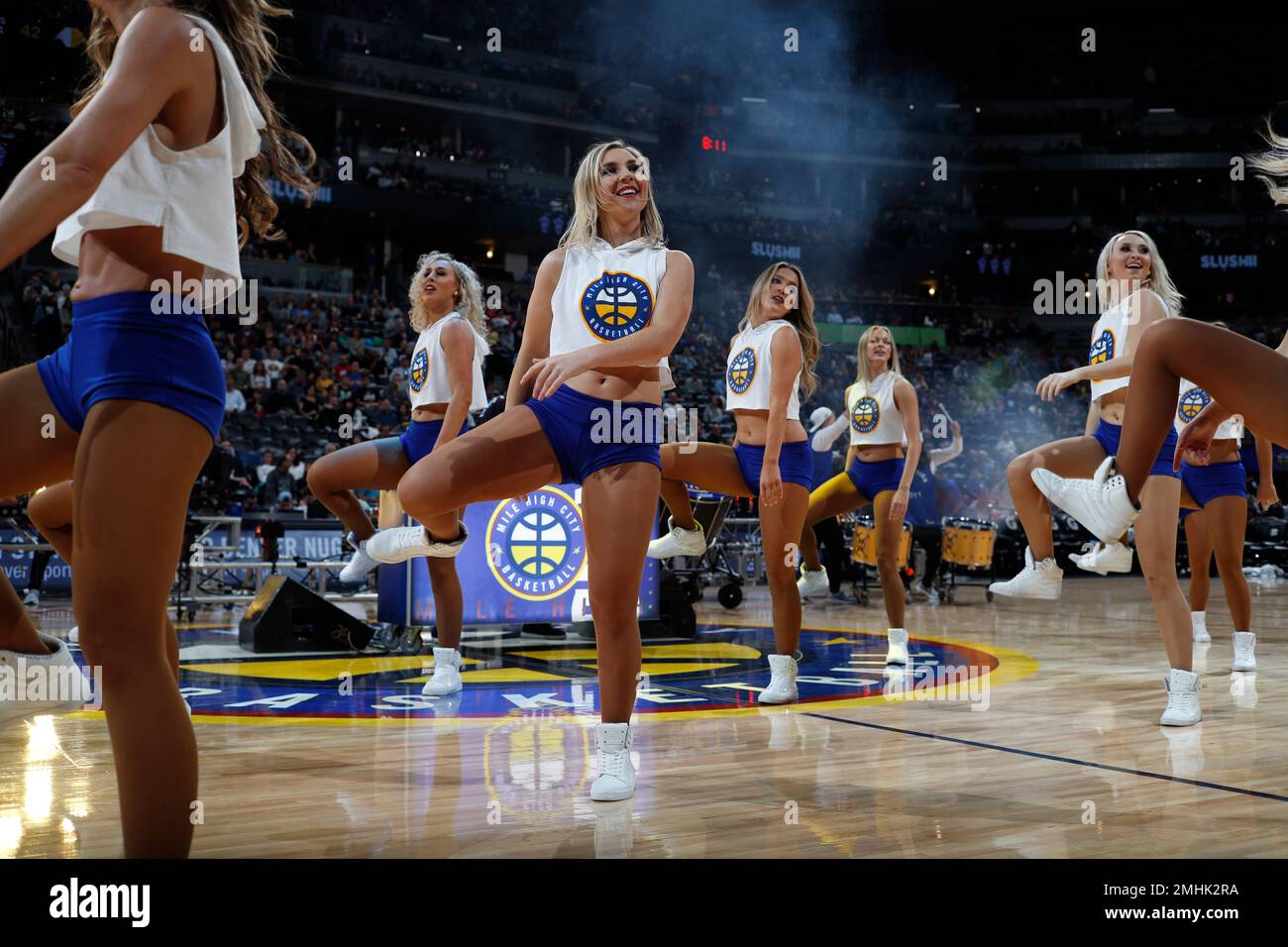 Denver Nuggets dance team performs in the second half of an NBA basketball game Friday, Nov. 8, 2019, in Denver. The Nuggets won 100-97. (AP Photo/David Zalubowski) Stock Photo