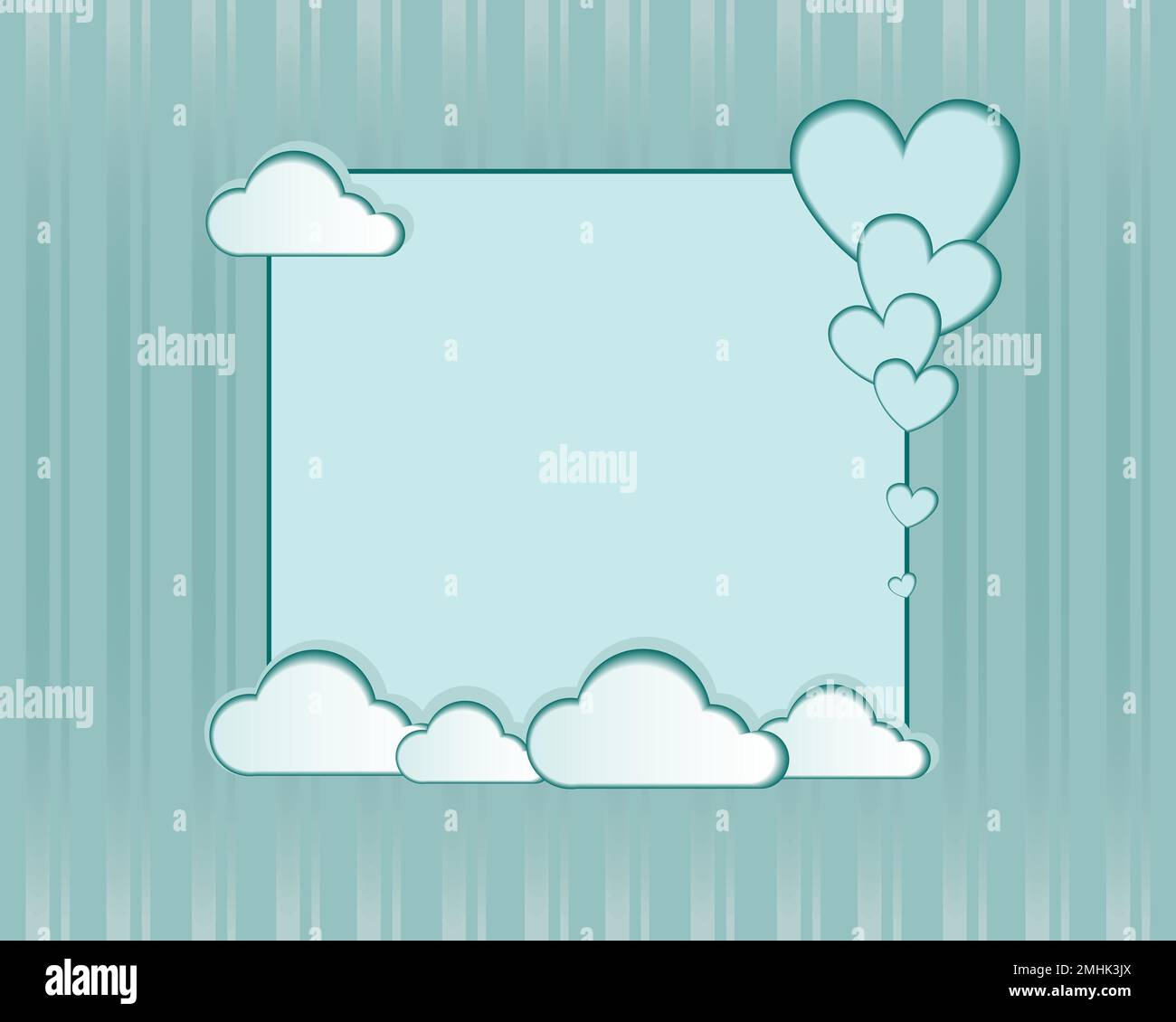 Turquoise striped Valentine s Day card template with cut out hearts and paper clouds. Placeholder for a letter. Vector. Template. Postcard. Invitation Stock Vector