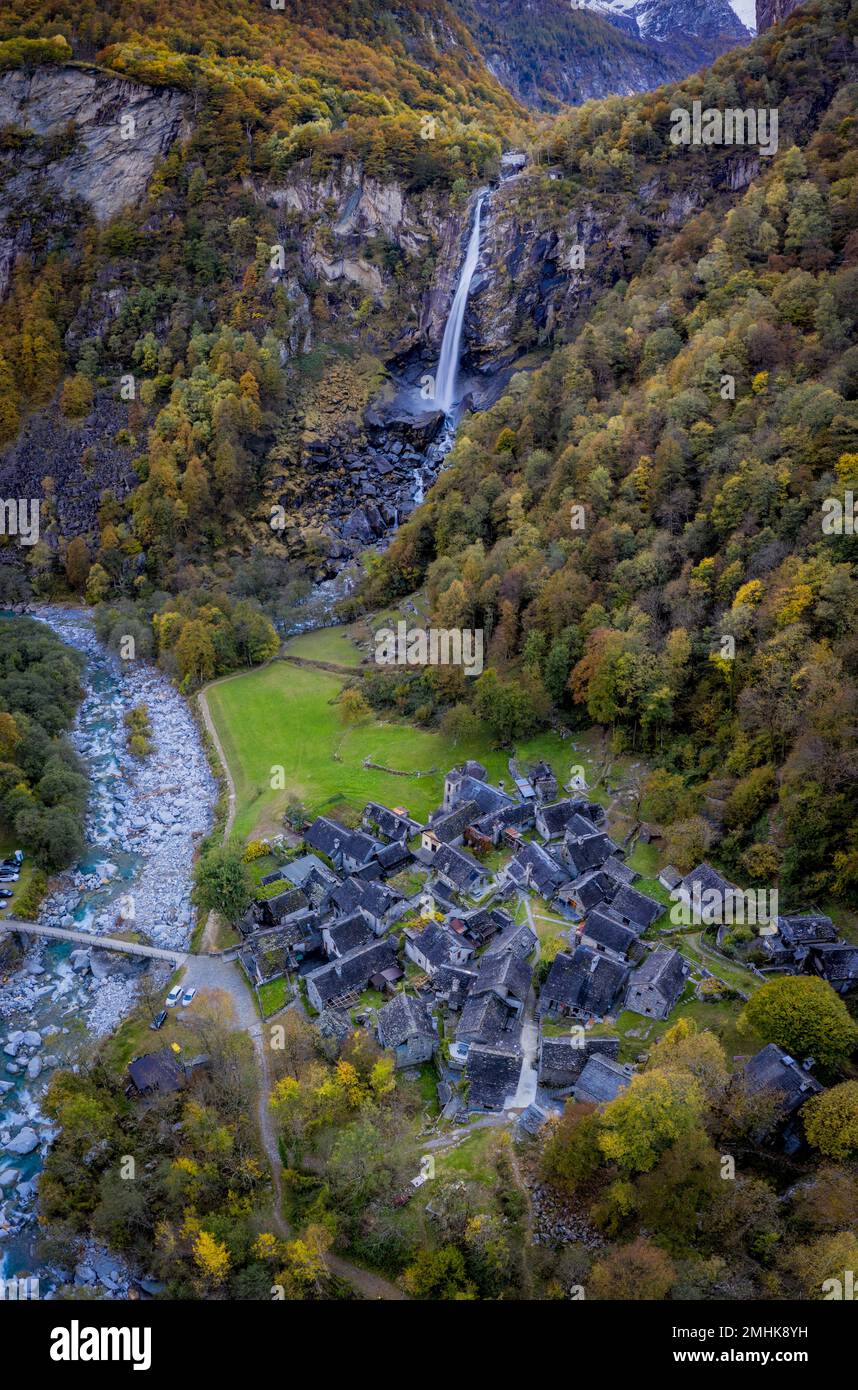 Vilage R Water Fall A small village next to a waterfall Stock Photo - Alamy
