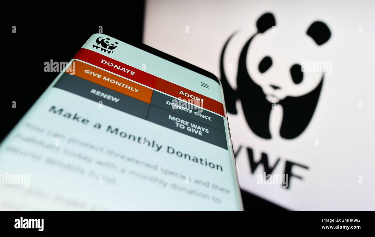 Smartphone with webpage of World Wide Fund for Nature Inc. (WWF) on screen in front of logo. Focus on top-left of phone display. Stock Photo