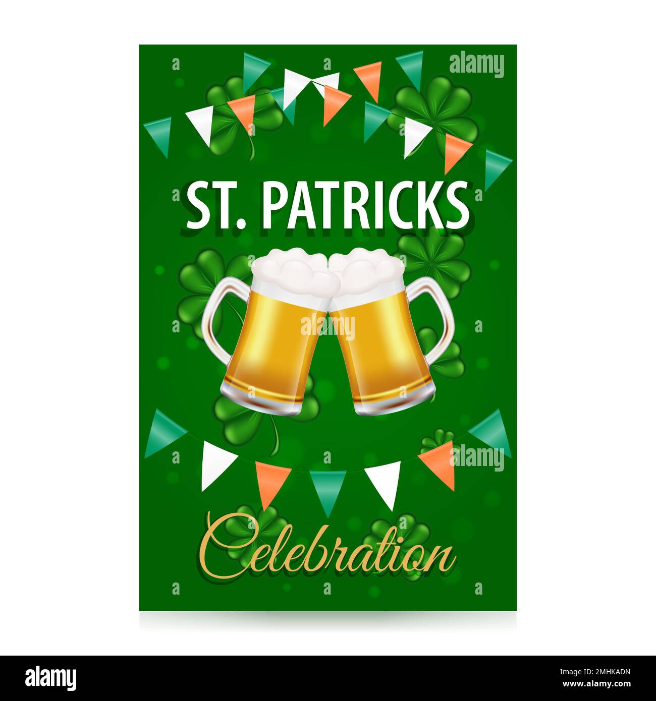Happy St. Patricks Day celebration poster. Background with beer and flags. Beer festival for St. Patricks Day. Vector illustration. Stock Vector