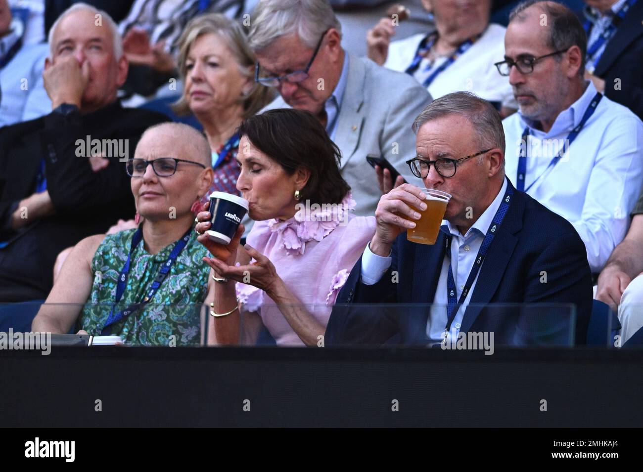 Prime Minister Anthony Albanese watches the Tommy Paul of the United States and Novak Djokovic of Serbia pose Mens semi final match at the 2023 Australian Open tennis championship at Melbourne Park