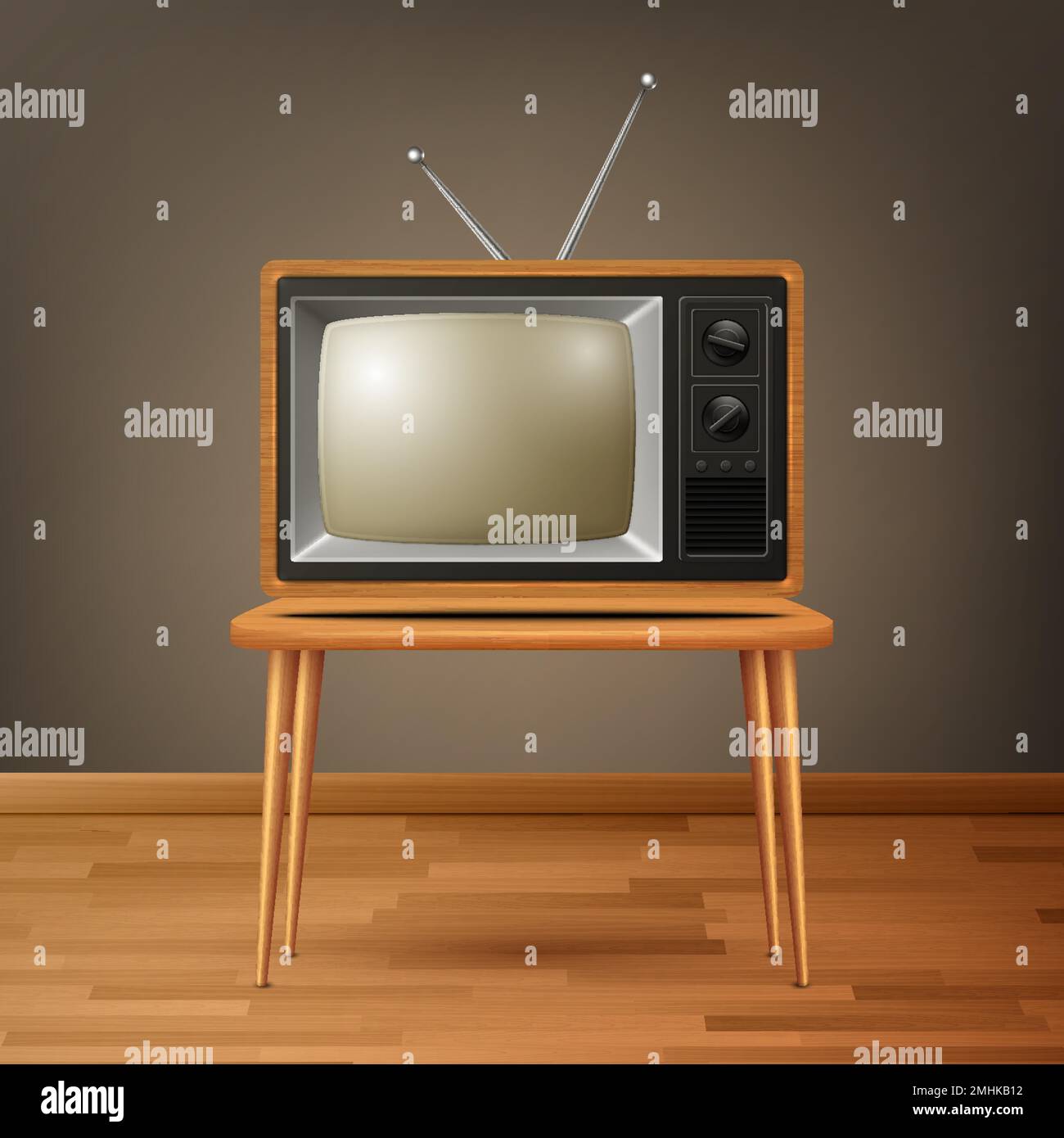 Vector 3d Realistic Brown Wooden Retro TV Receiver on Wooden Table. Home Interior Design Concept. Vintage TV Set, Television, Front View Stock Vector