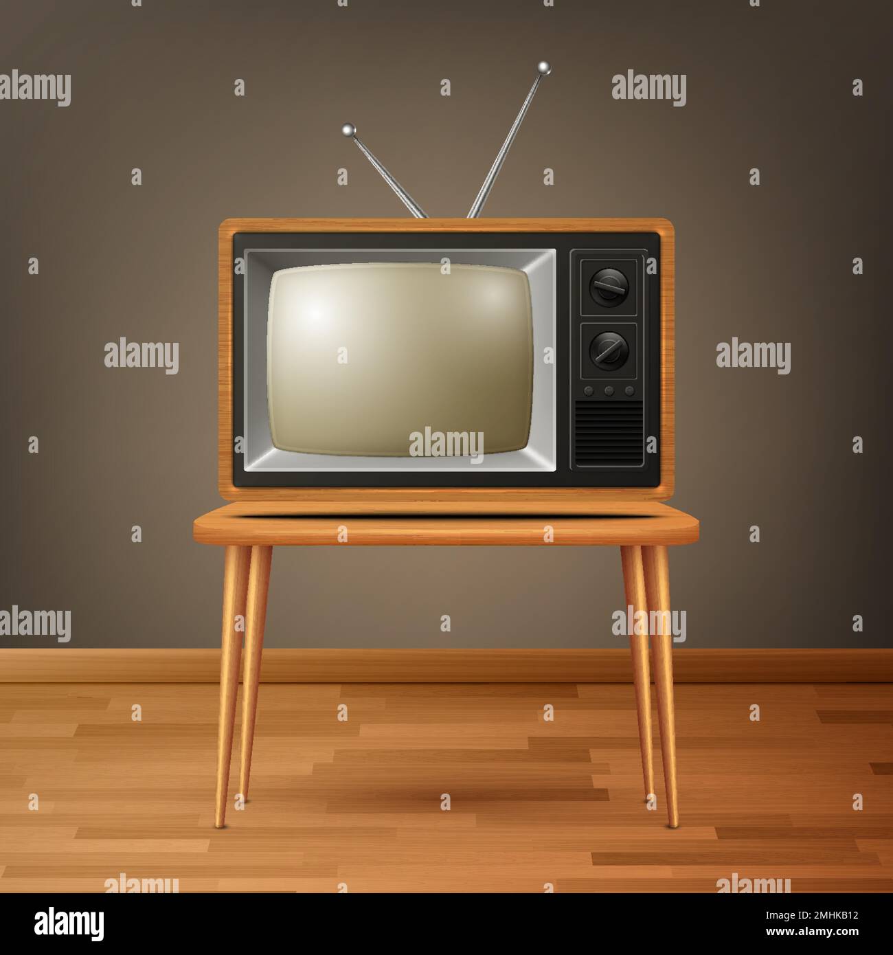 Vector 3d Realistic Brown Wooden Retro TV Receiver on Wooden Table