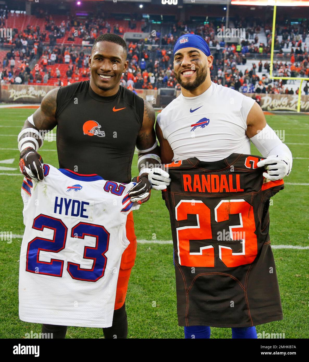 Buffalo Bills strong safety Micah Hyde, right, exchanges jersey's with  Cleveland Browns strong safety Damarious Randall after an NFL football game,  Sunday, Nov. 10, 2019, in Cleveland. (AP Photo/Ron Schwane Stock Photo 