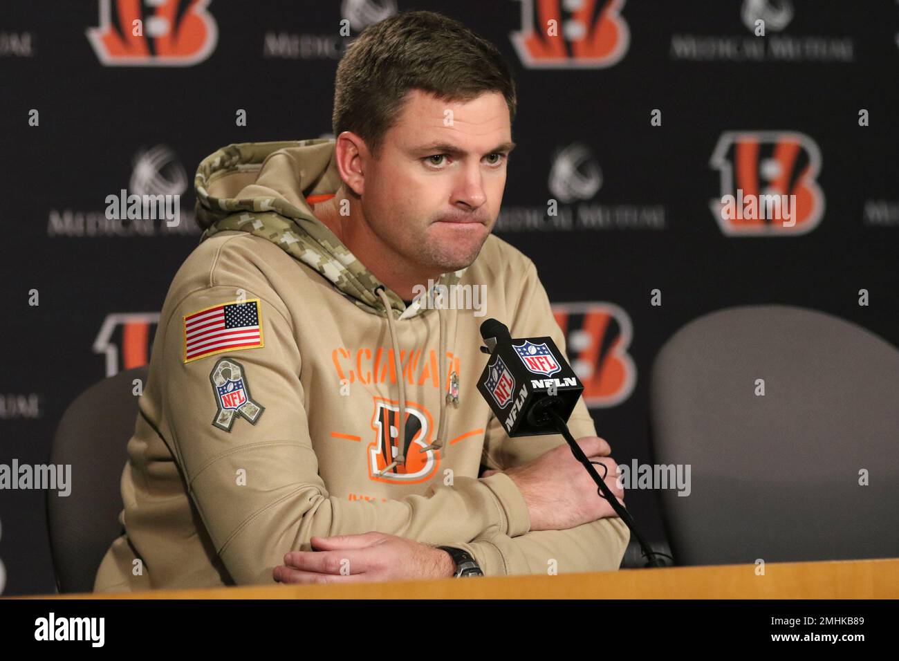 Cincinnati Bengals head coach Zac Taylor participates in a news