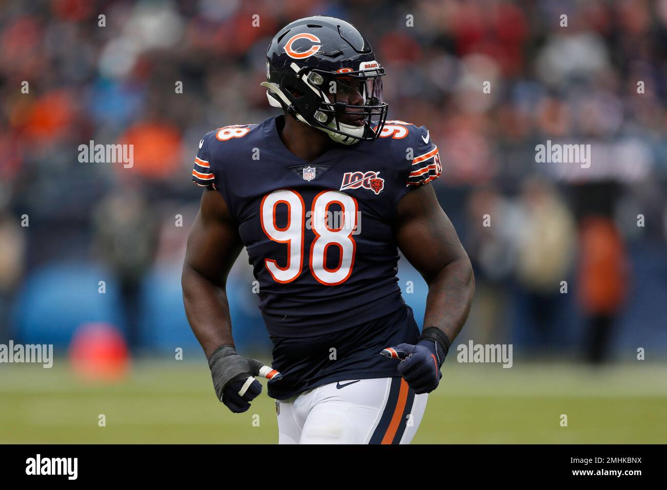 Chicago, United States. 03rd Oct, 2021. Chicago Bears defensive tackle  Bilal Nichols (98) celebrates his fumble recovery against the Detroit Lions  at Soldier Field in Chicago on Sunday, October 3, 2021. The