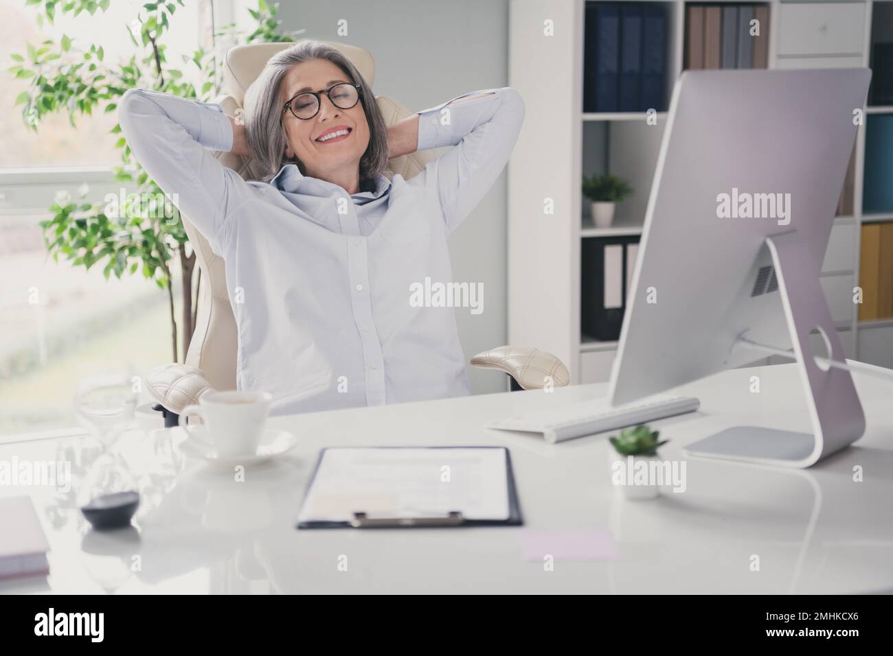 Owner Lady Photo of positive company owner lady sitting chair closed eyes arms ...