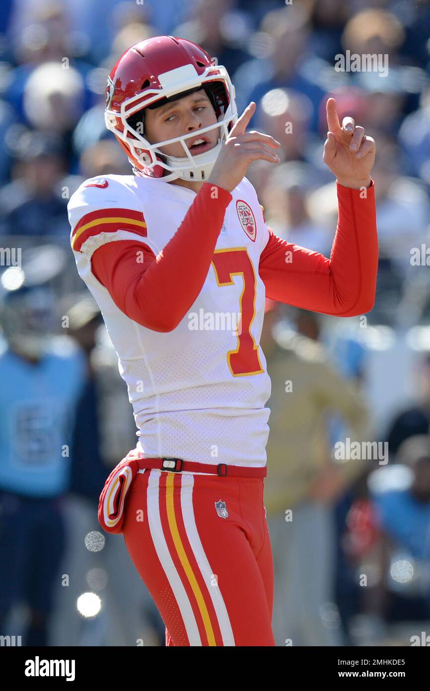 Kansas City Chiefs kicker Harrison Butker celebrates after kicking a 30