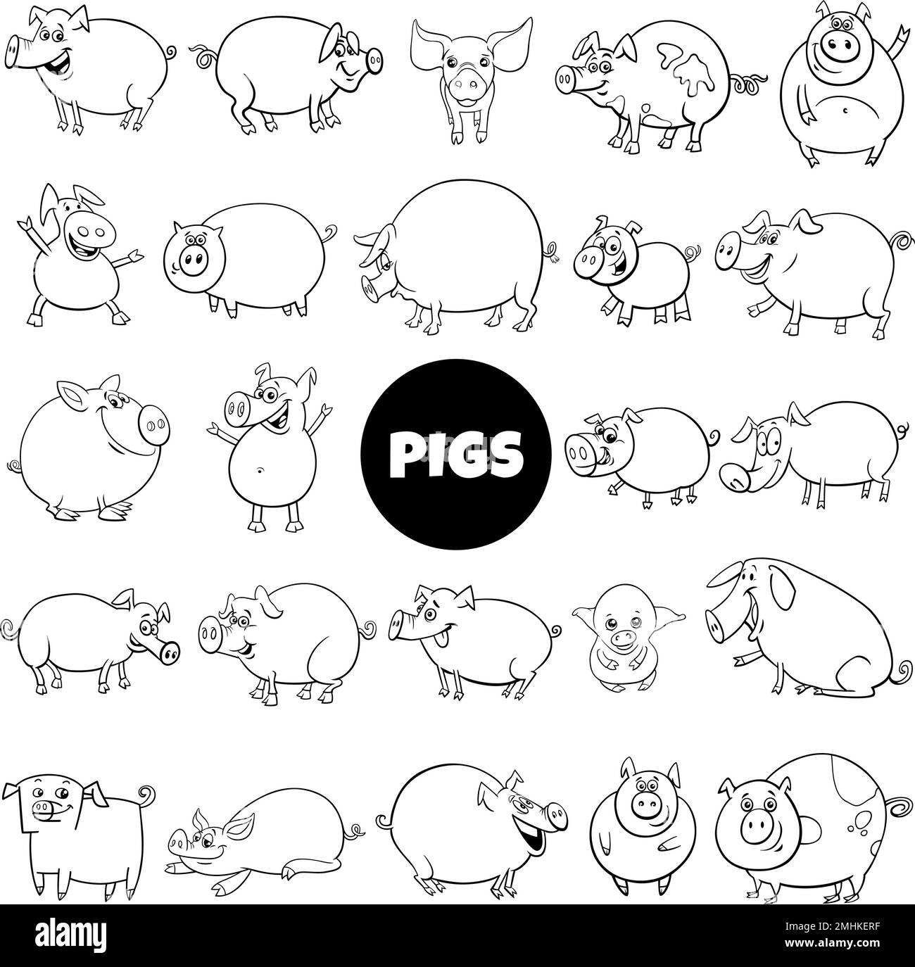 Black and white cartoon illustration of funny pigs and piglets farm