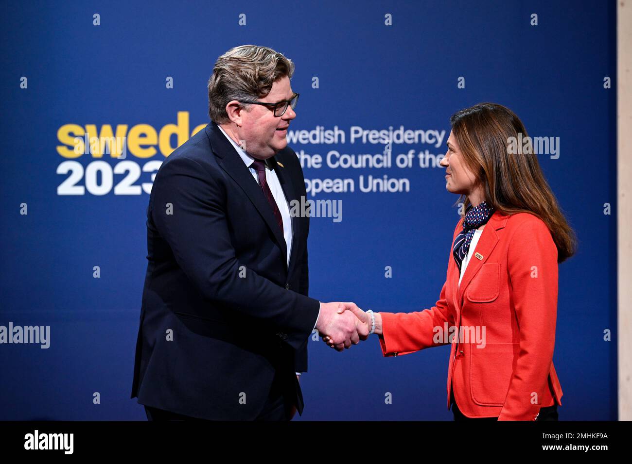 Stockholm, Sweden. 27th Jan, 2023. Sweden’s Minister of Justice, Gunnar Strommer welcomes Judit Varga, minister for justice of Hungary, to the second day of the first informal ministerial meeting in Stockholm, Sweden, on January 27, 2023, during the Swedish EU Presidency.  Foto Jessica Gow / TT  kod 10070 Credit: TT News Agency/Alamy Live News Stock Photo