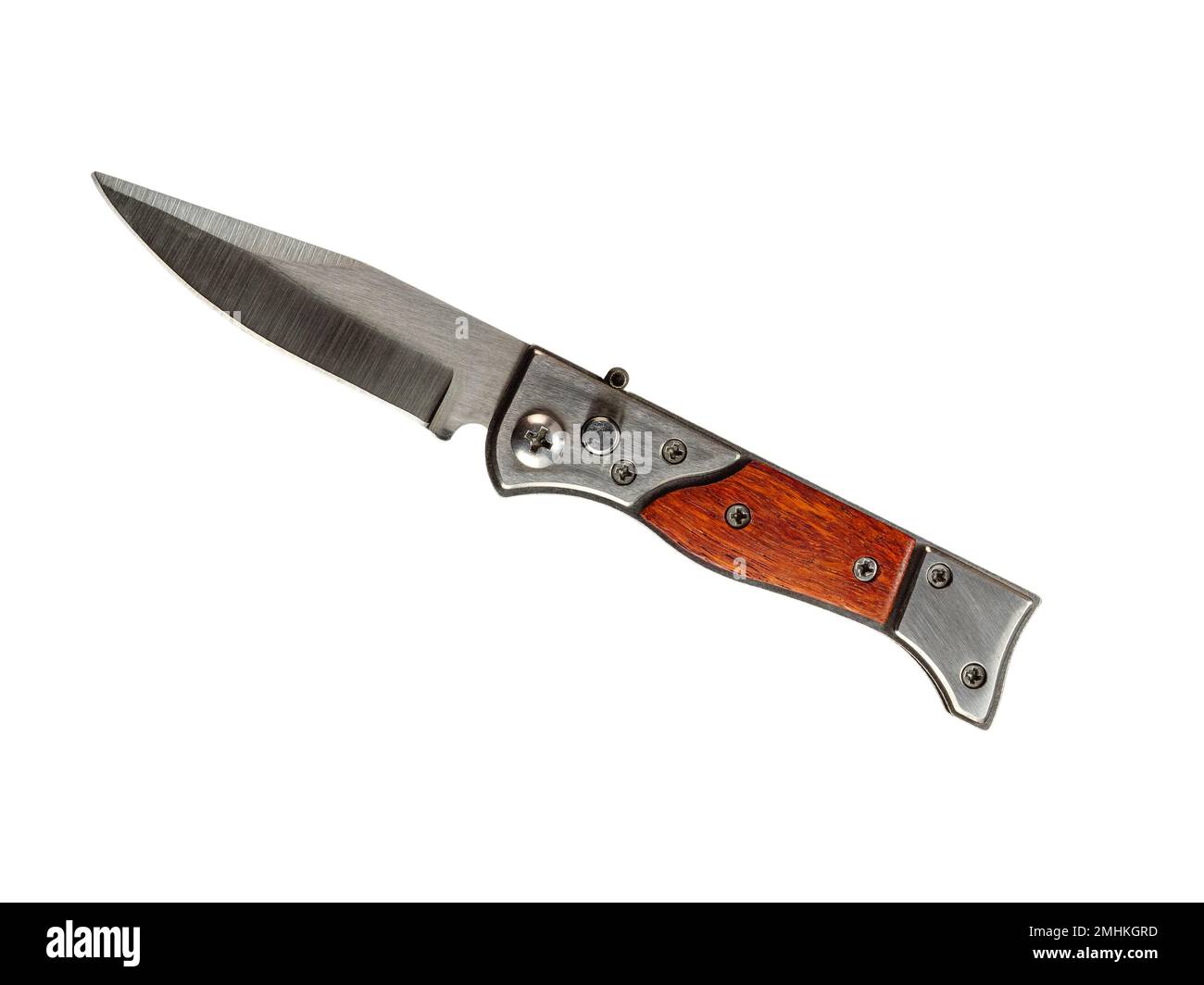 Pocket folding knife with wooden handle isolated on white background