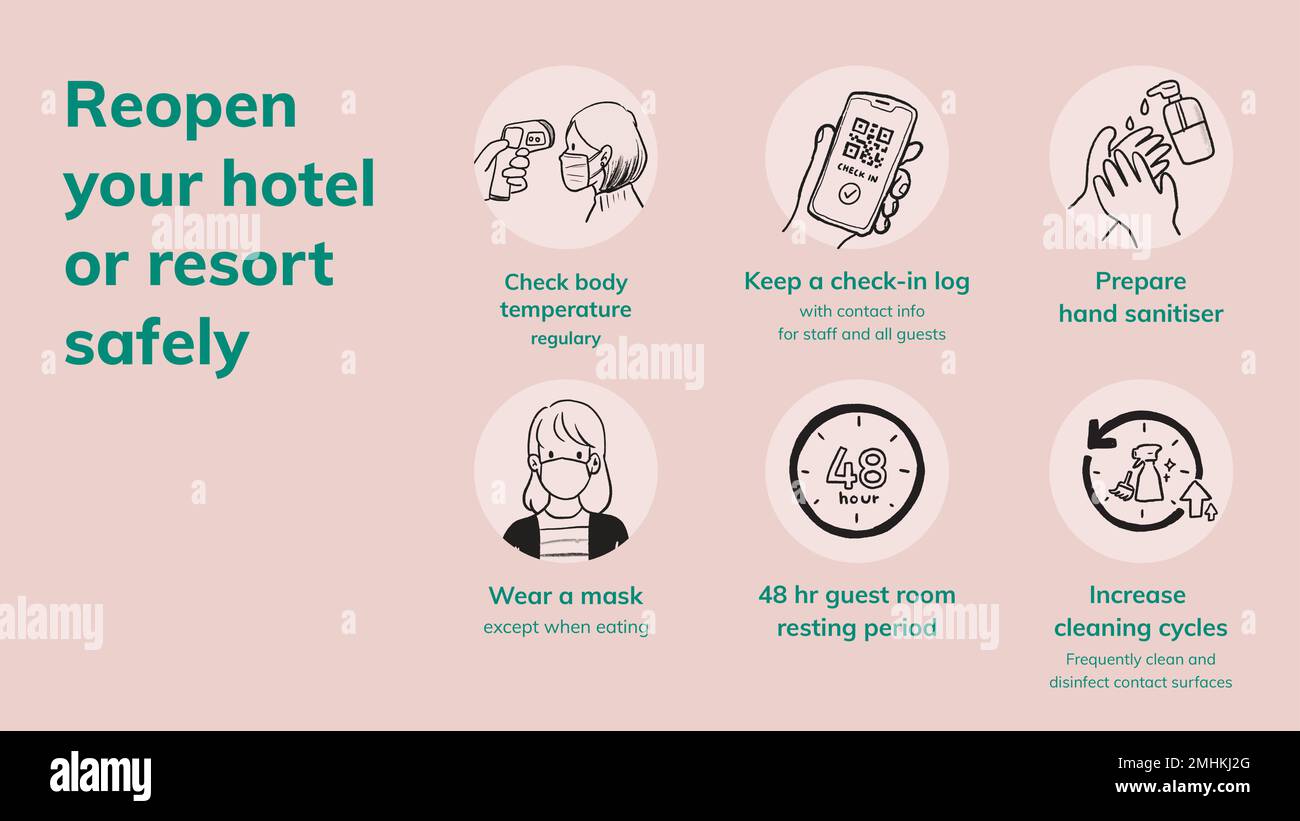 COVID 19 PowerPoint slide, hotel reopen safety measures Stock Vector