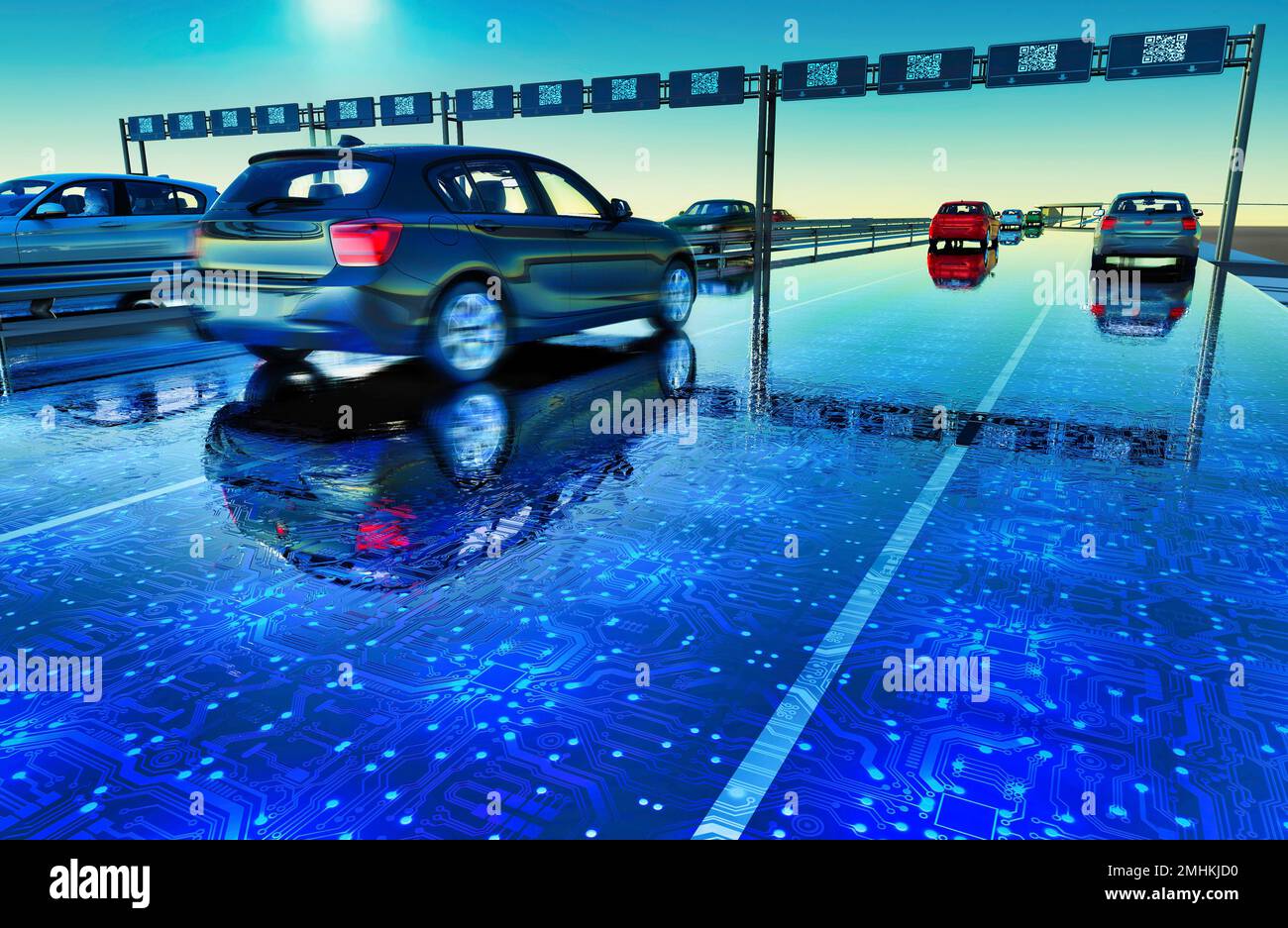 Futuristic Technology Concept: Autonomous cars on the digital Road with Sensors Stock Photo - Alamy
