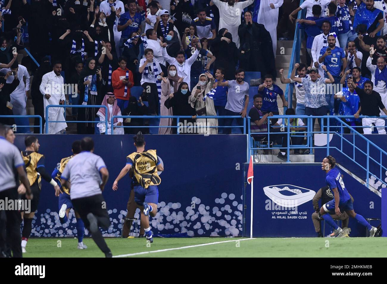 Al Hilal s Andre Diaz right celebrates after scoring his side s opening goal during the first leg of the AFC Champions League final soccer match between Al Hilal and Urawa Red at King