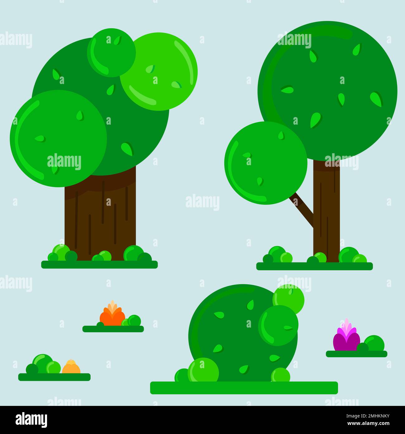 Stylized summer trees and bush with grass in the background. Flowers and leaves, grass and trees with brown trunks - all drawn with simple round shape Stock Vector