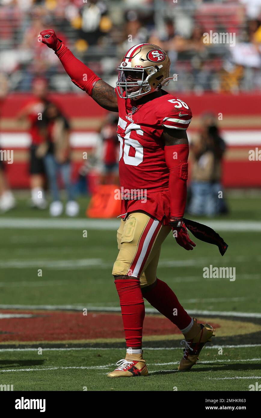 San Francisco 49ers linebacker Kwon Alexander (56) celebrates a defensive  stop during a NFL football game against the Pittsburgh Steelers Sunday,  Sept. 22, 2019, in Santa Clara, CA. The Niners won 24-20. (