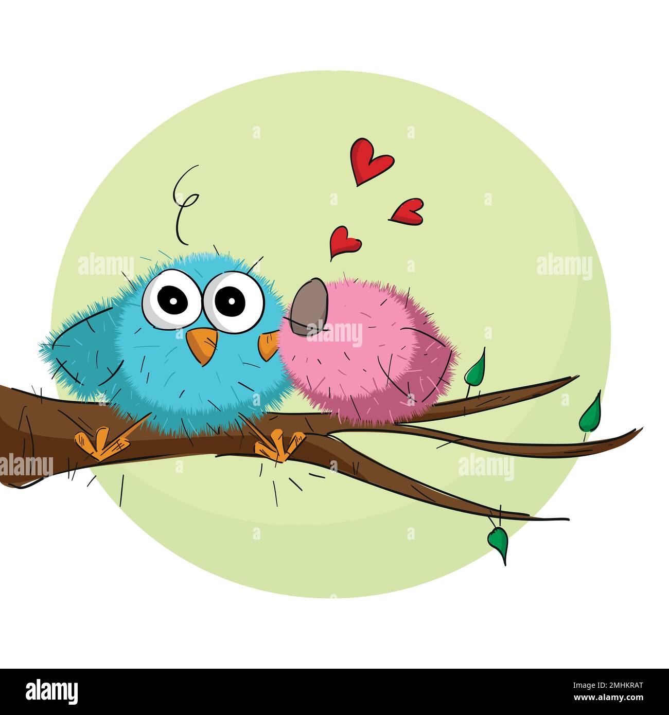 Cute illustration of two little birds kissing on a tree branch with a large moon in the background. Valentine's Day Card Stock Vector