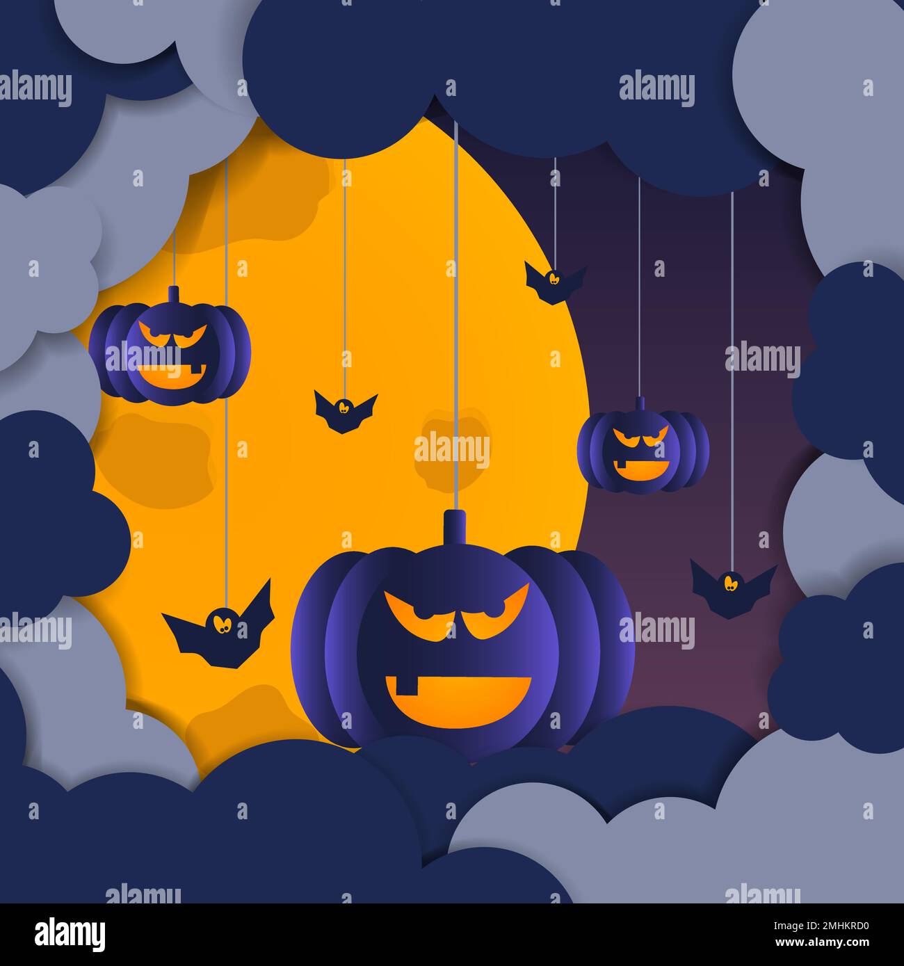 Dark clouds and bats with pumpkins on a string against a yellow moon ...