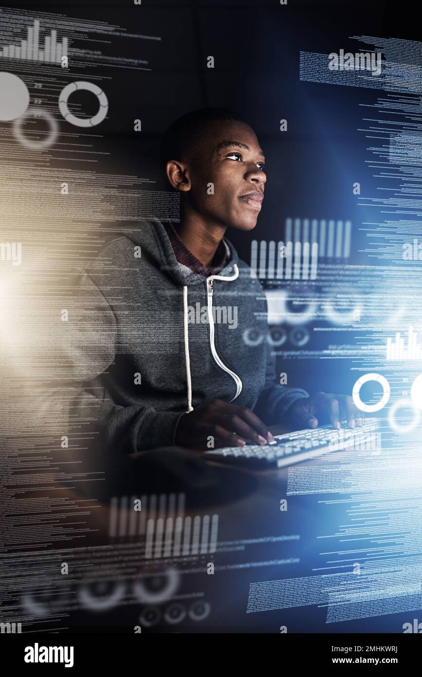 There are no bugs in his code. a young computer programmer working on source code. Stock Photo