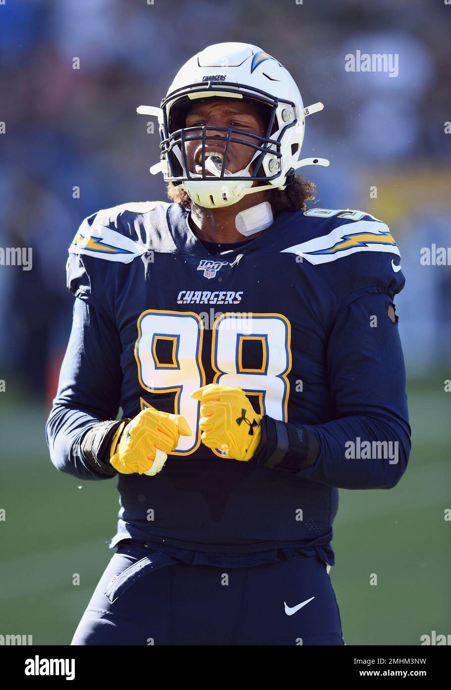 Los Angeles Chargers defensive end Isaac Rochell (98) reacts on the field  during an NFL football game against the Green Bay Packers, Sunday, November  3, 2019 in Carson, Calif. The Chargers defeated