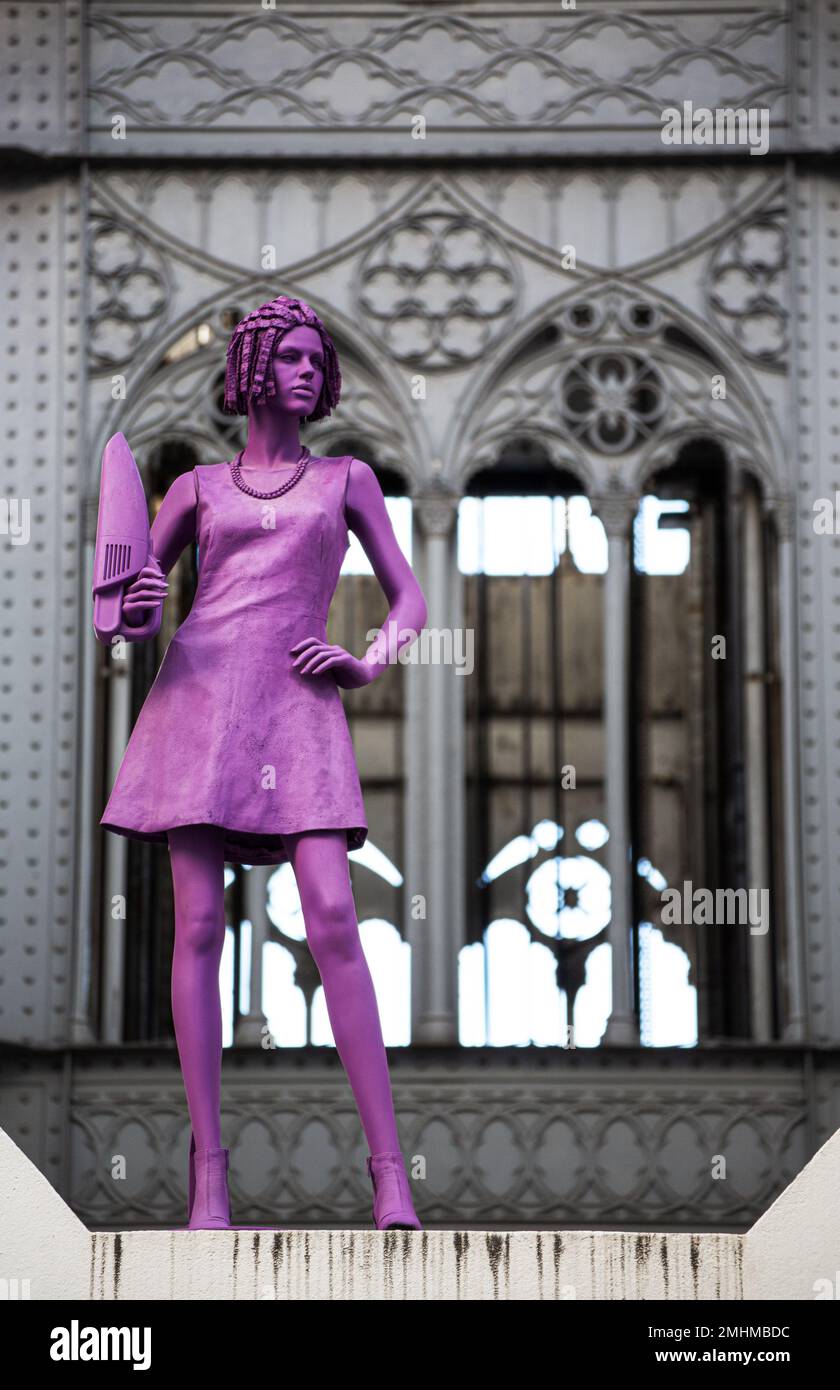 Superlinox, the mystery artist, has left 'Sofia' in the Elevador de Santa Justa The artist's sculptures appear mysteriously during the night. Stock Photo