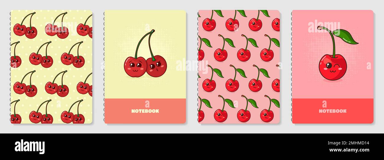 Cartoon Cover page templates. Vector cherries prints.  Stock Vector
