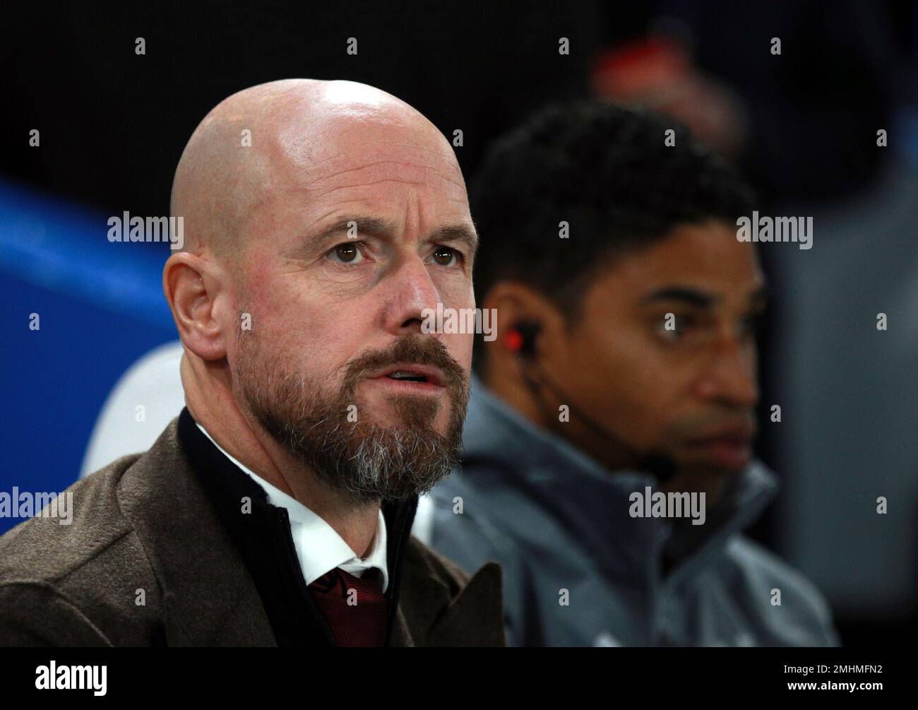 Ajax's head coach Erik ten Hag looks out from the bench before the Champions League, group H, soccer match between Chelsea and Ajax, at Stamford Bridge in London, Tuesday, Nov. 5, 2019. ( Ajax's head coach Erik ten Hag looks out from the bench before the Champions League, group H, soccer match between Chelsea and Ajax, at Stamford Bridge in London, Tuesday, Nov. 5, 2019. (