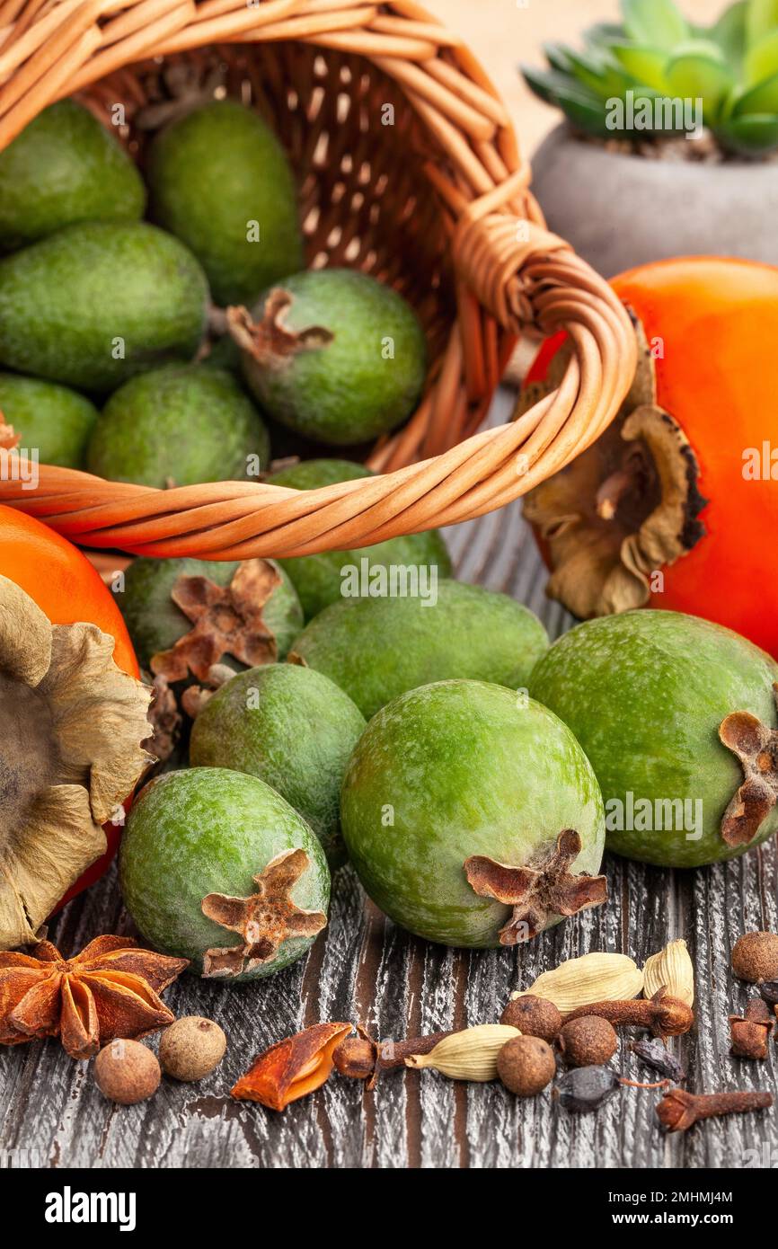 feijoa group on wood background Stock Photo