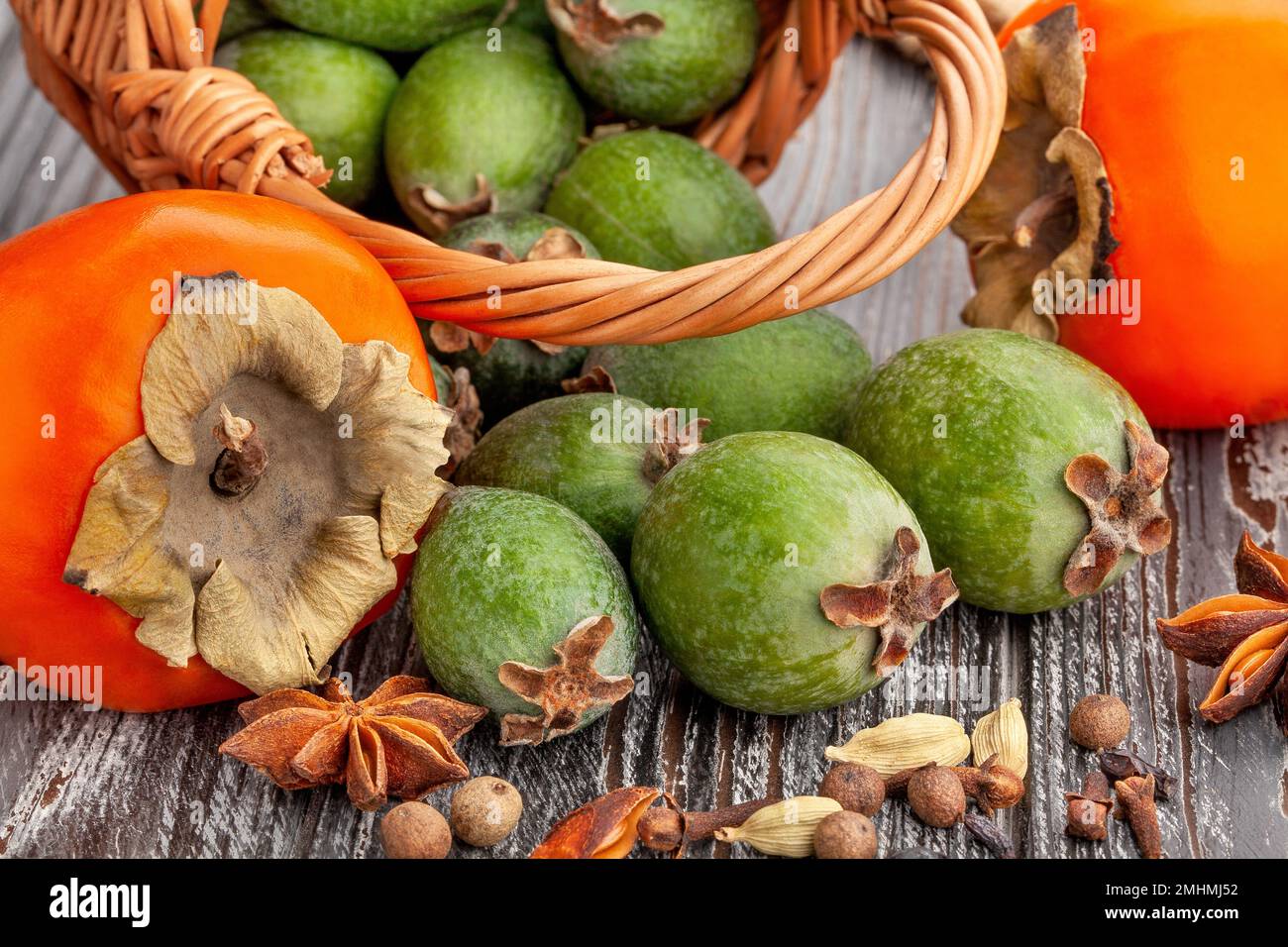 feijoa group on wood background Stock Photo