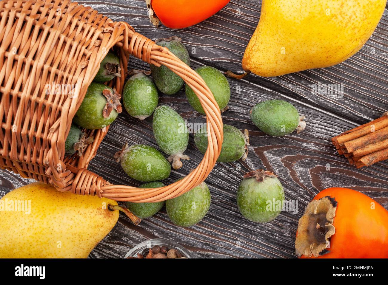 feijoa group on wood background Stock Photo