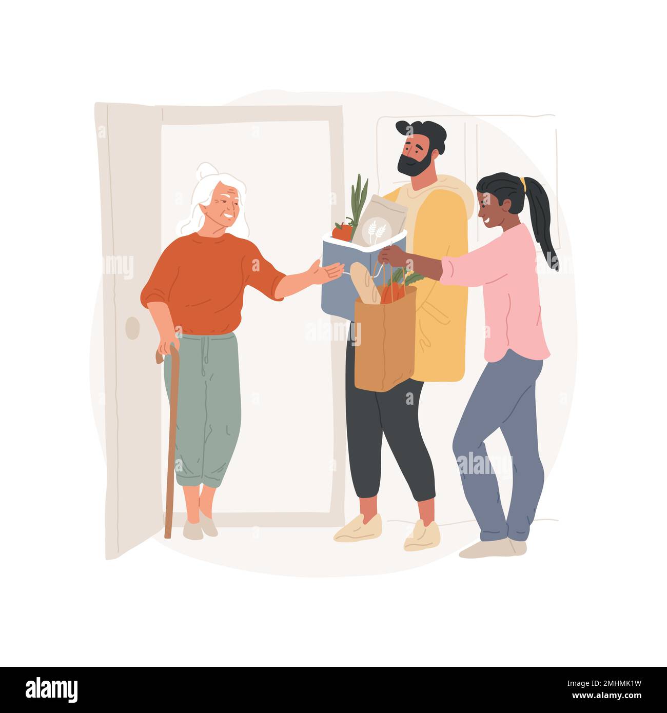 Help seniors isolated cartoon vector illustration. Family bringing food