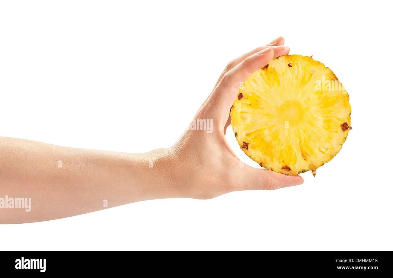 pineapple slice in hand path isolated on white Stock Photo